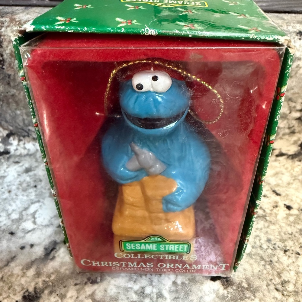 Vintage hand painted ceramic Sesame Street Cookie Monster Ornament.